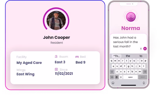 Resident profile displayed alongside Norma AI mobile chat.