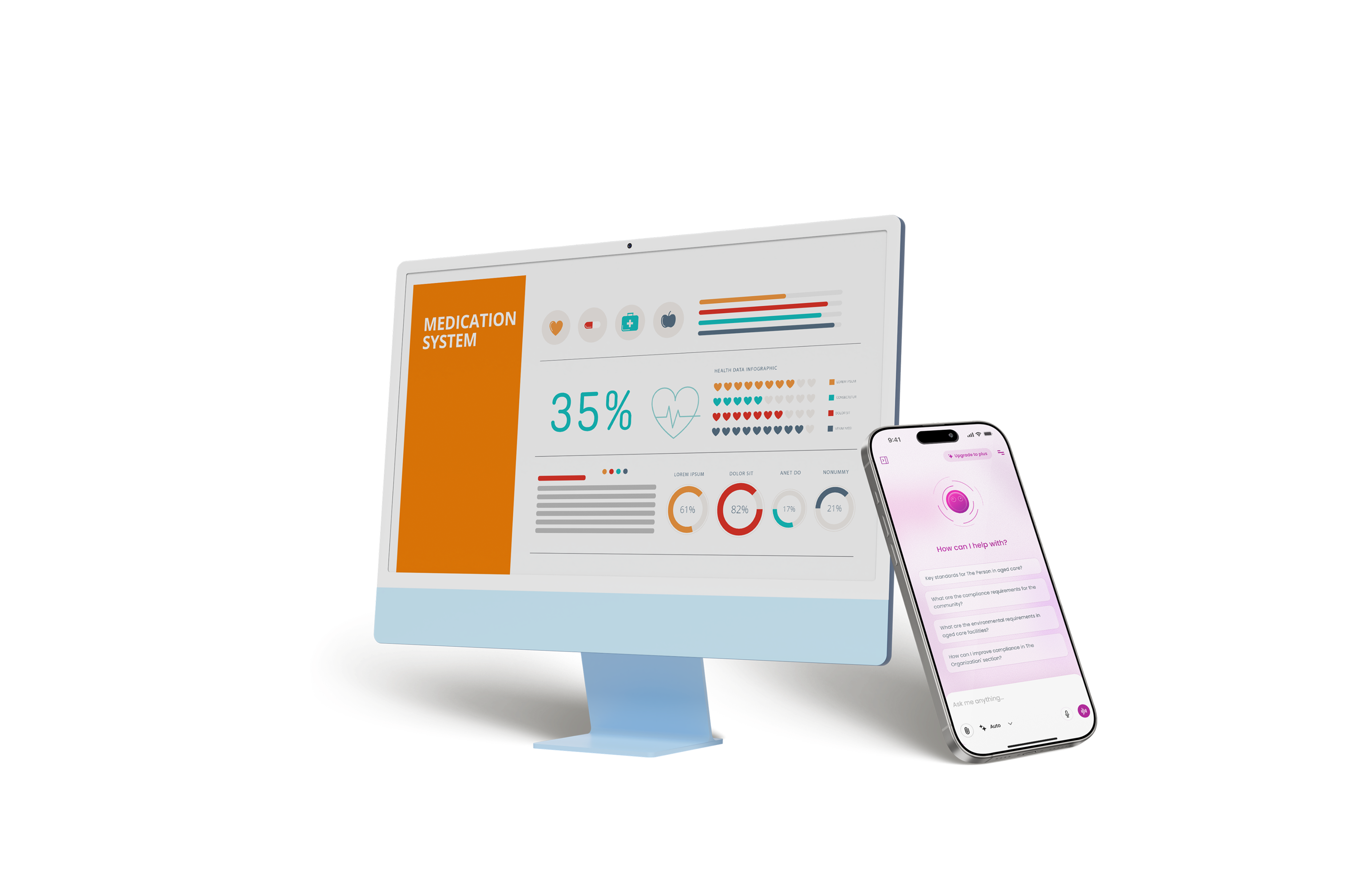 Desktop and mobile screens displaying care dashboard app.
